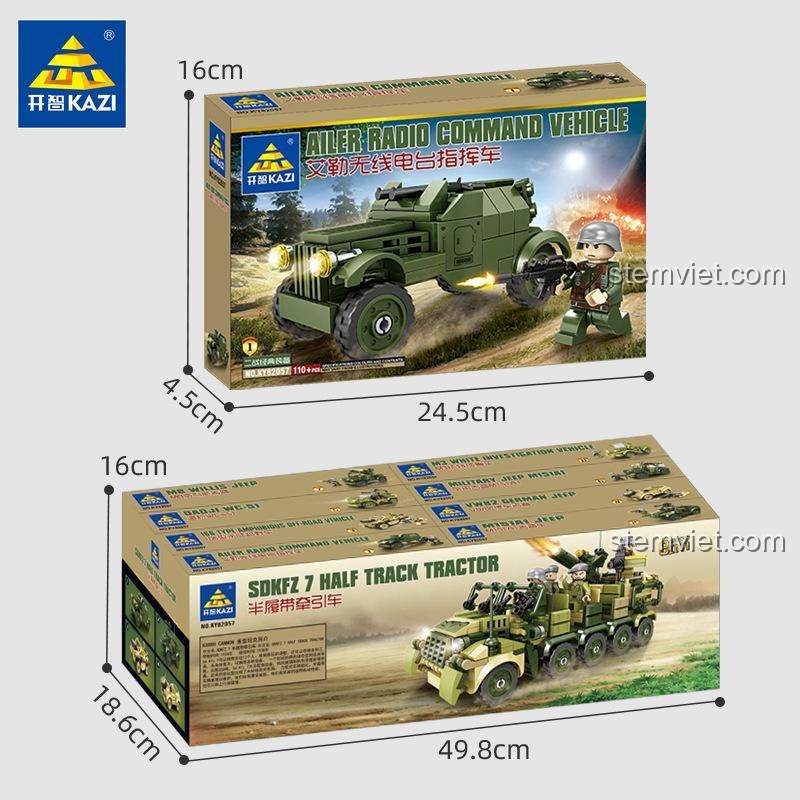 Kích thước hộp và mô hình của bộ lắp ghép KAZI KY82057 Xe Bán Xích Kéo SDKFZ 7, đồ chơi quân sự 8 trong 1, giúp người mua dễ hình dung sản phẩm.
