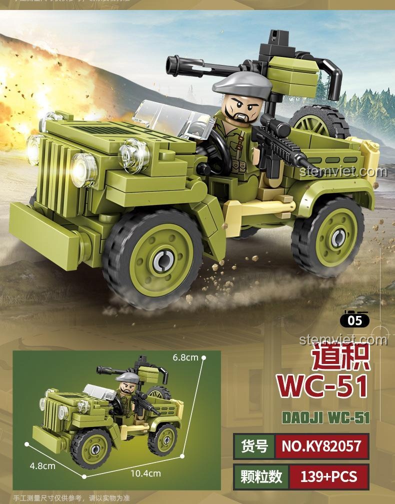 Kích thước chi tiết của mô hình VW82 German Jeep (Mẫu 4) từ bộ đồ chơi KAZI KY82057, bộ xếp hình quân sự, tăng cường tư duy không gian.