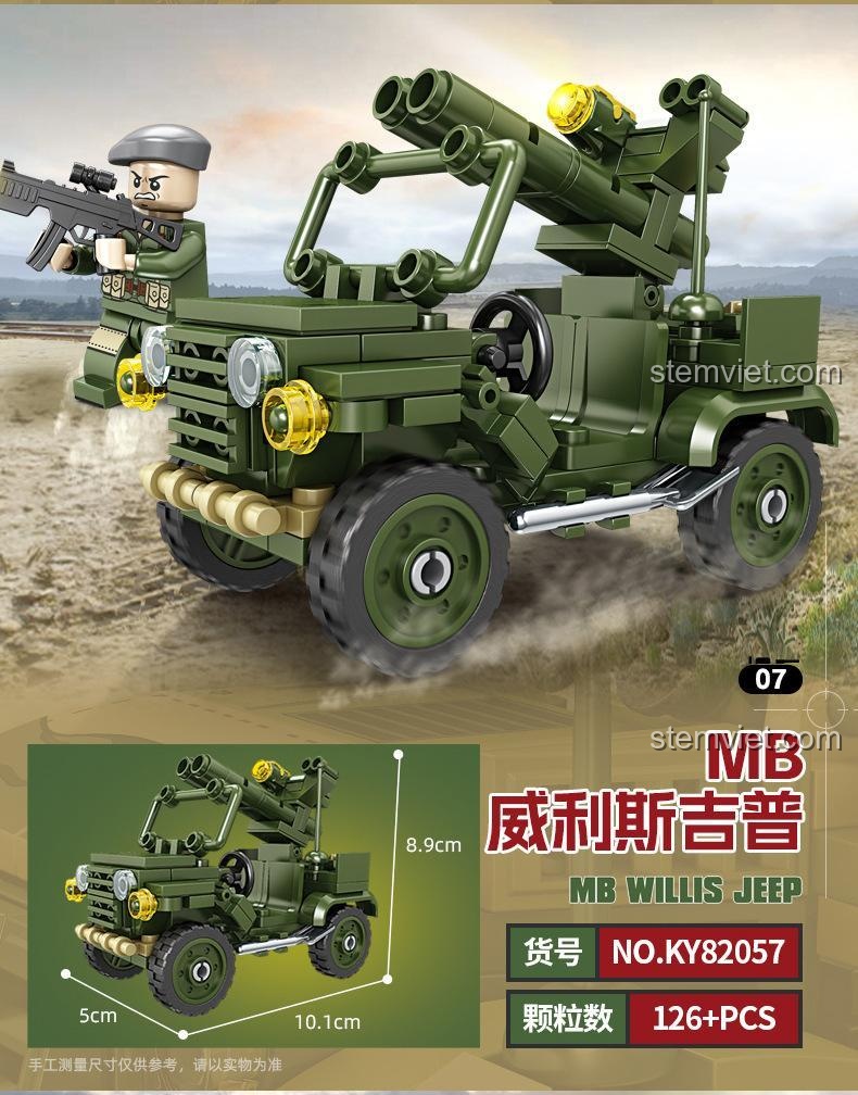 Kích thước chi tiết của mô hình Military Jeep M151A1 (Mẫu 6) từ bộ đồ chơi KAZI KY82057, đồ chơi mô hình quân sự, rèn luyện sự kiên nhẫn.