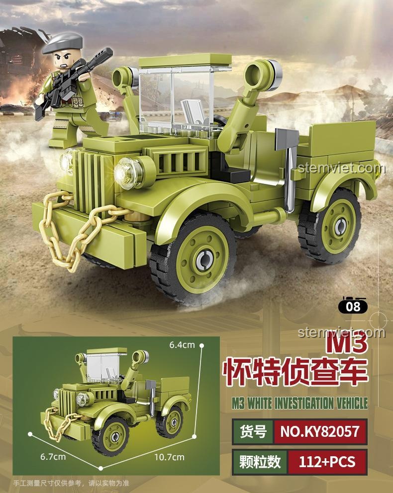 Kích thước chi tiết của mô hình MB Willis Jeep (Mẫu 7) từ bộ đồ chơi KAZI KY82057, bộ xếp hình quân sự, phát triển kỹ năng giải quyết vấn đề.