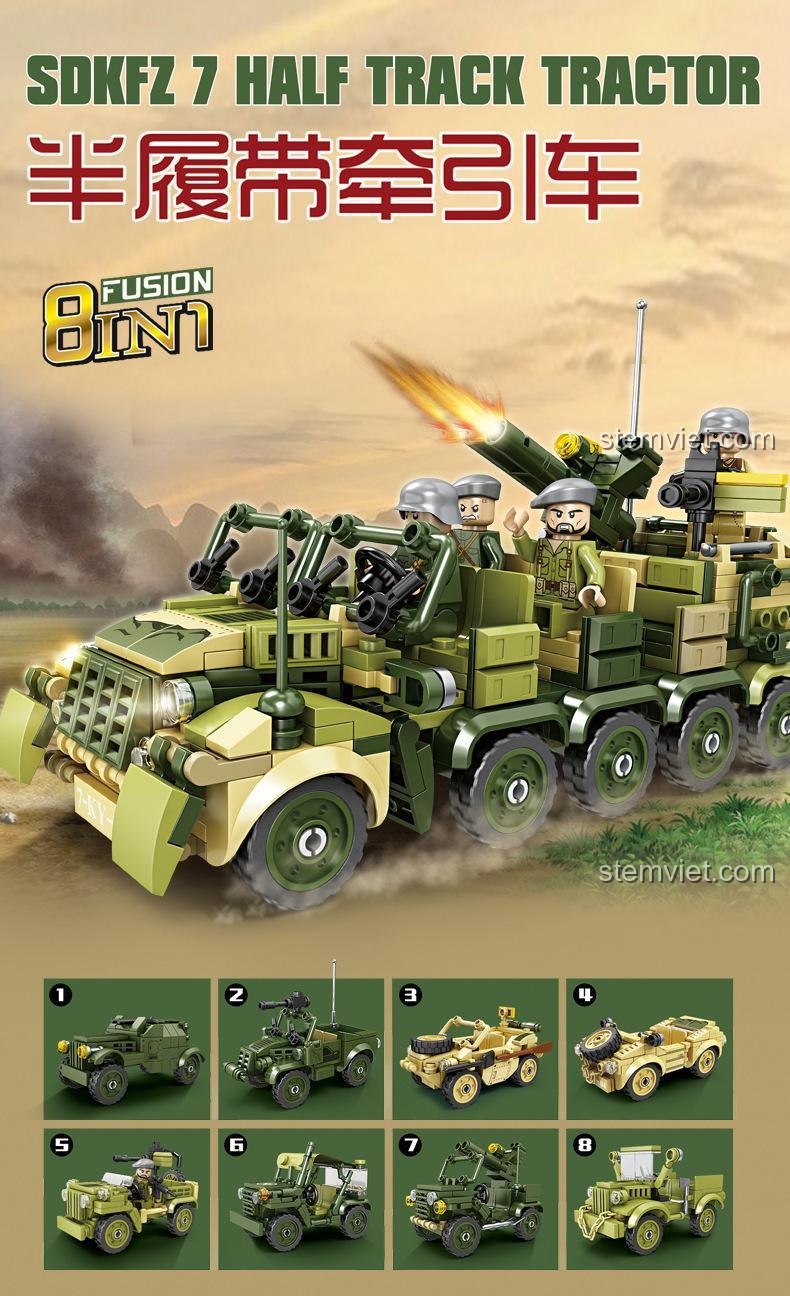 Xe Bán Xích Kéo SDKFZ 7 KAZI KY82057 với sơ đồ 8 trong 1, đồ chơi mô hình quân sự, mang lại nhiều giờ giải trí và học hỏi cho bé.