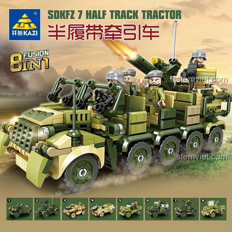 Xe Bán Xích Kéo SDKFZ 7 KAZI KY82057 với hiệu ứng bắn đạn, đồ chơi lắp ráp quân sự, kích thích sáng tạo và tư duy logic cho bé trai 6 tuổi.
