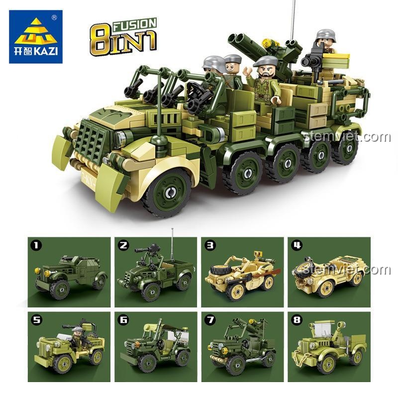 Đồ chơi lắp ráp KAZI KY82057 Xe quân sự 8 trong 1, bộ xếp hình xe bán xích quân đội, thể hiện tính năng hợp thể 8 kiểu độc đáo, phù hợp bé trai.
