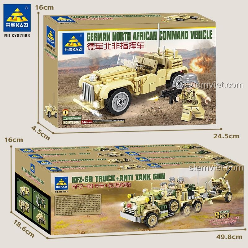 Hình ảnh hộp của bộ xếp hình KAZI 82063, thể hiện kích thước và các mẫu có thể lắp ráp, bao gồm Xe chỉ huy Bắc Phi và Xe tải Kfz. 69.