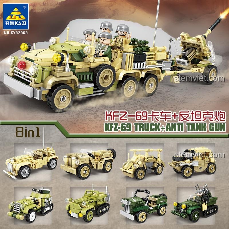 Ảnh quảng cáo tính năng 8 trong 1 của đồ chơi mô hình KAZI KY82063, cho thấy 8 mẫu xe quân sự nhỏ có thể được tạo ra từ bộ sản phẩm.