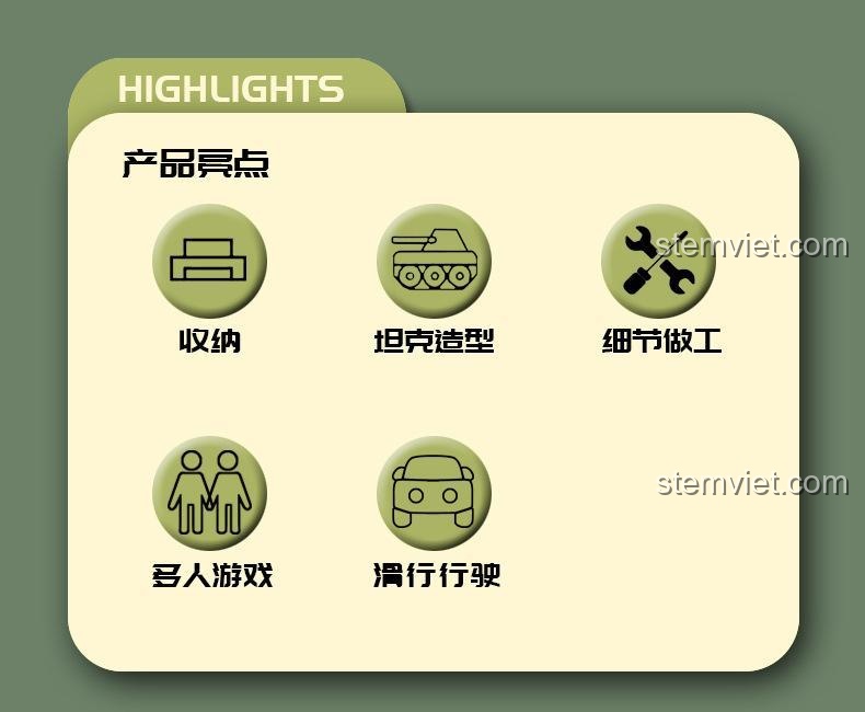 Điểm nổi bật của bộ đồ chơi mô hình KAZI KY84122: tạo hình xe tăng, gia công chi tiết, di chuyển được.