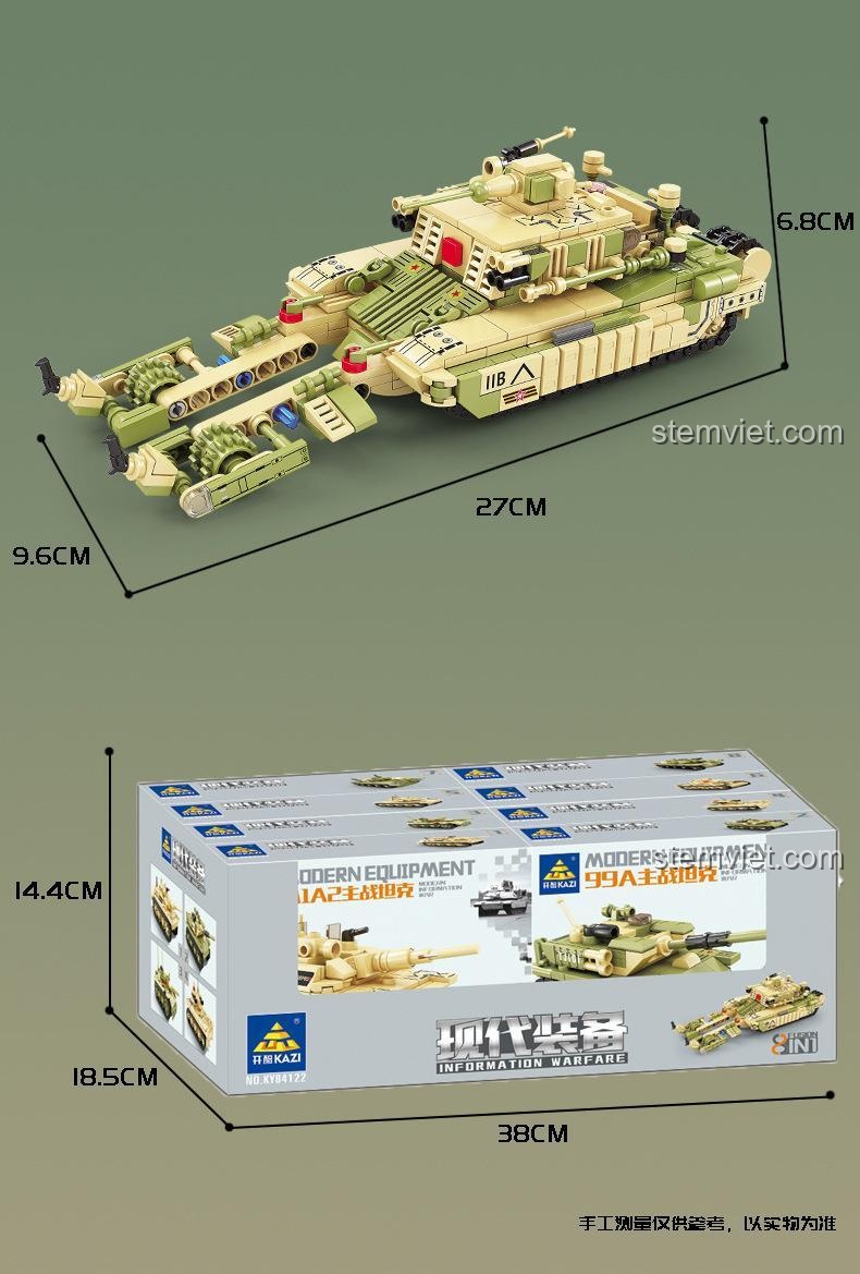 Kích thước mô hình xe tăng rà mìn và hộp KAZI KY84122 được thể hiện rõ ràng.