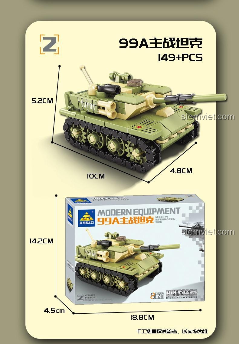 Kích thước chi tiết của mô hình xe tăng Type 99A trong bộ KAZI KY84122.