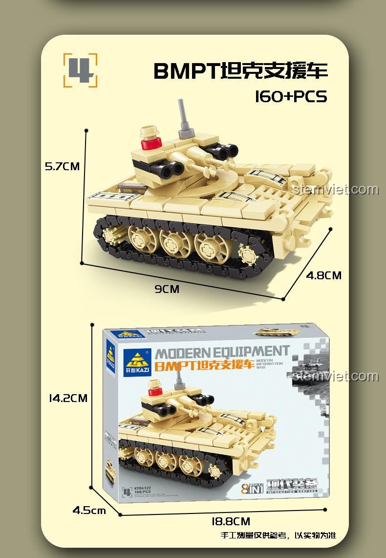 Kích thước chi tiết của mô hình xe hỗ trợ tăng BMPT trong bộ KAZI KY84122.