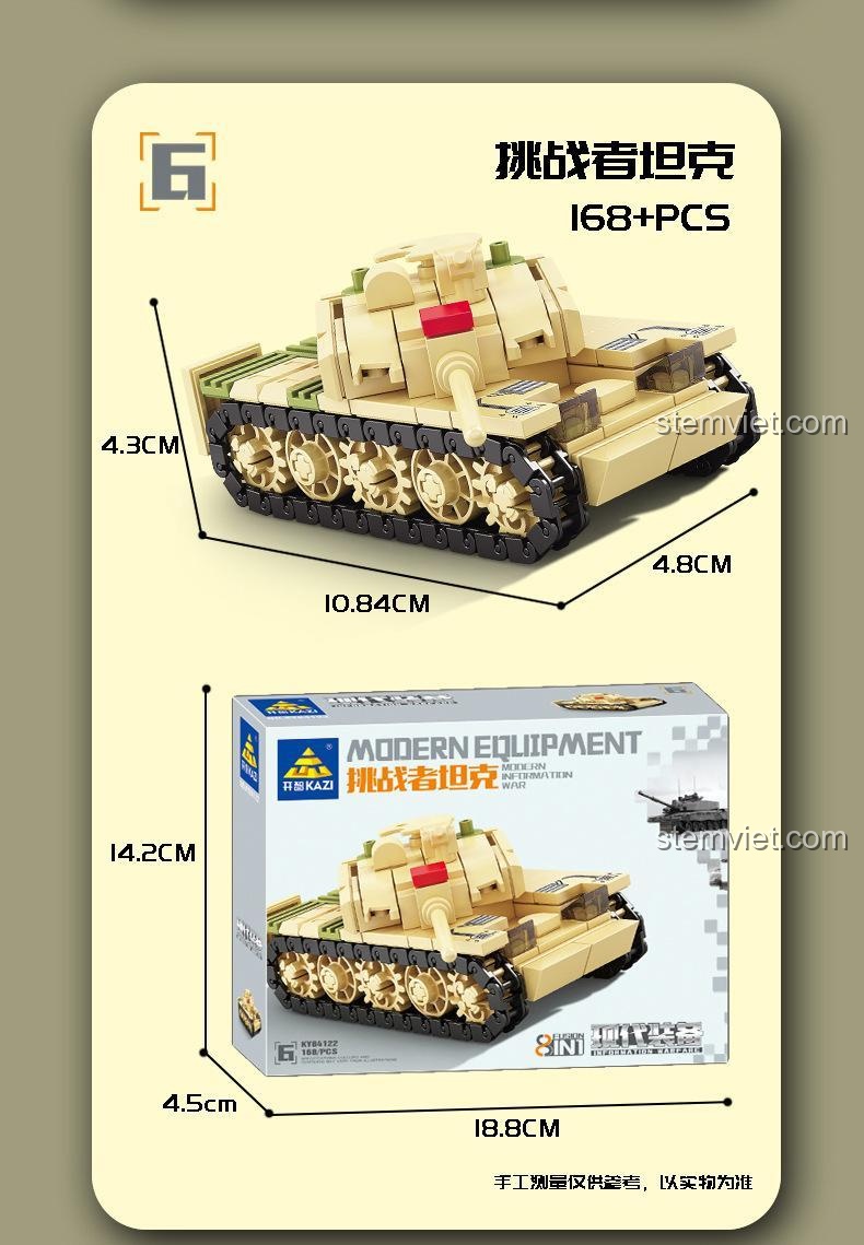 Kích thước chi tiết của mô hình xe tăng Challenger trong bộ KAZI KY84122.