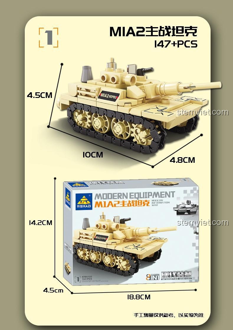 Kích thước chi tiết của mô hình xe tăng M1A2 Abrams trong bộ KAZI KY84122.