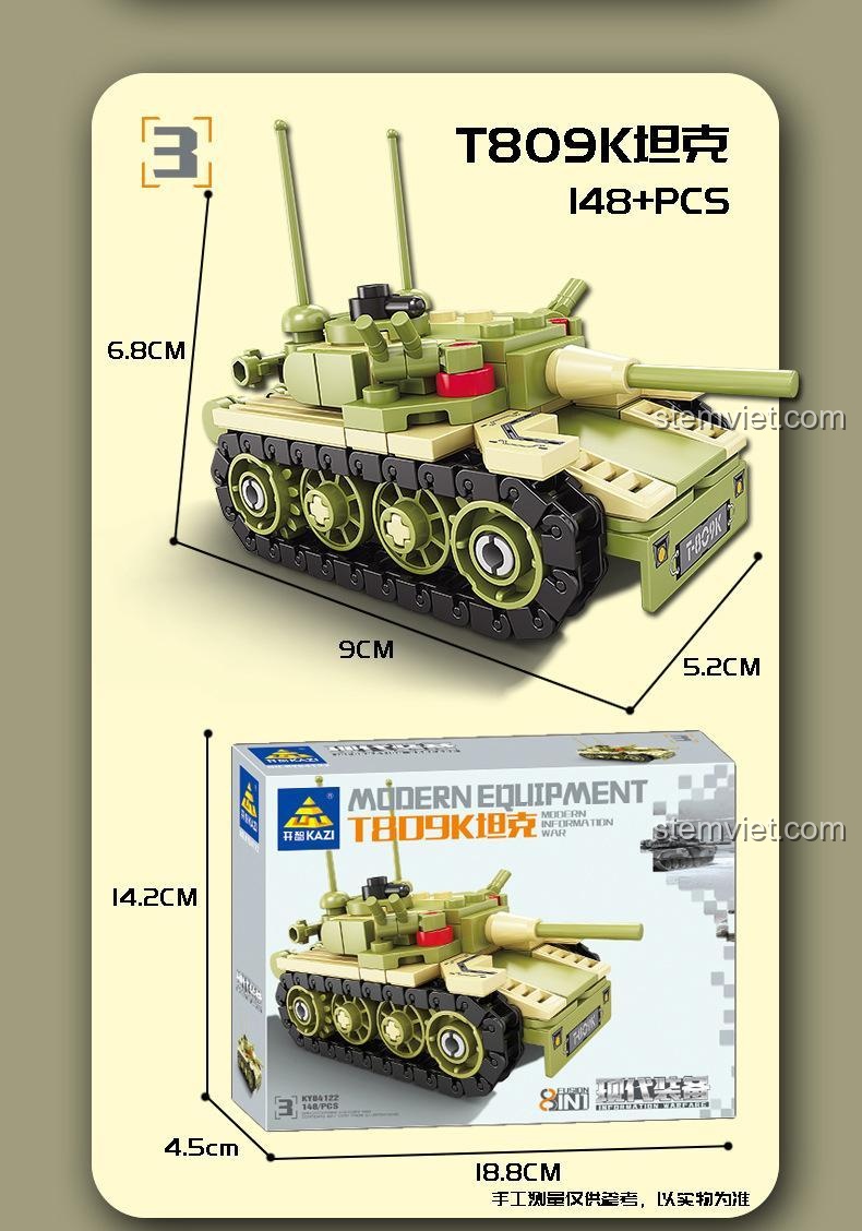 Kích thước chi tiết của mô hình xe tăng T809K trong bộ KAZI KY84122.
