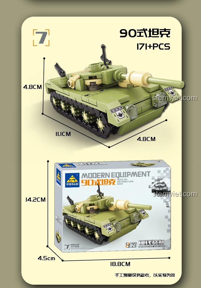 Kích thước chi tiết của mô hình xe tăng Type 90 trong bộ KAZI KY84122.
