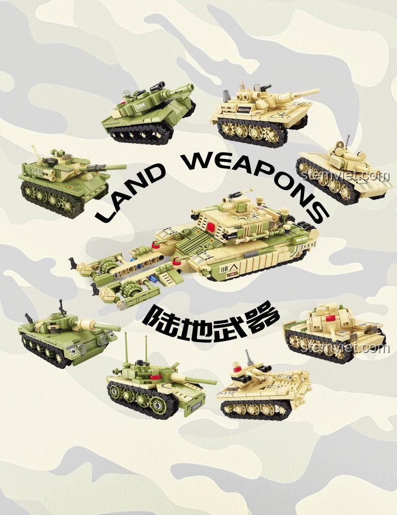 Bộ lắp ráp xe tăng 8 trong 1 KAZI KY84122 với nhiều mẫu xe vũ khí mặt đất.