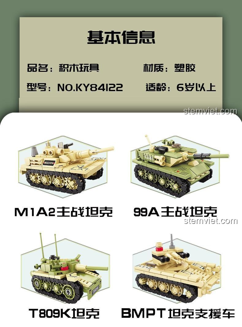 Thông tin cơ bản bộ lắp ráp KAZI KY84122 và các mẫu xe tăng M1A2, 99A, T809K, BMPT.