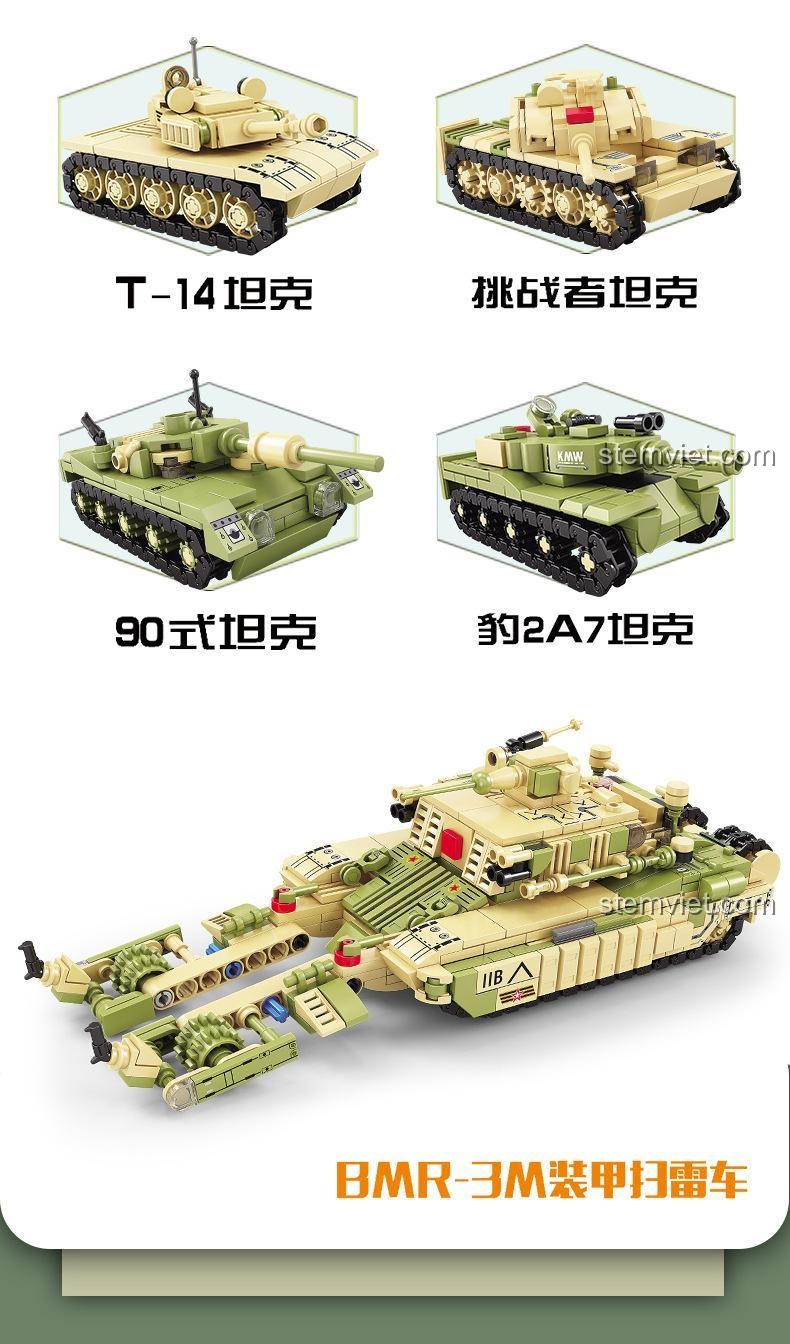 Các mẫu xe tăng T-14, Challenger, Type 90, Leopard 2A7 và xe rà mìn BMR-3M trong bộ KAZI KY84122.