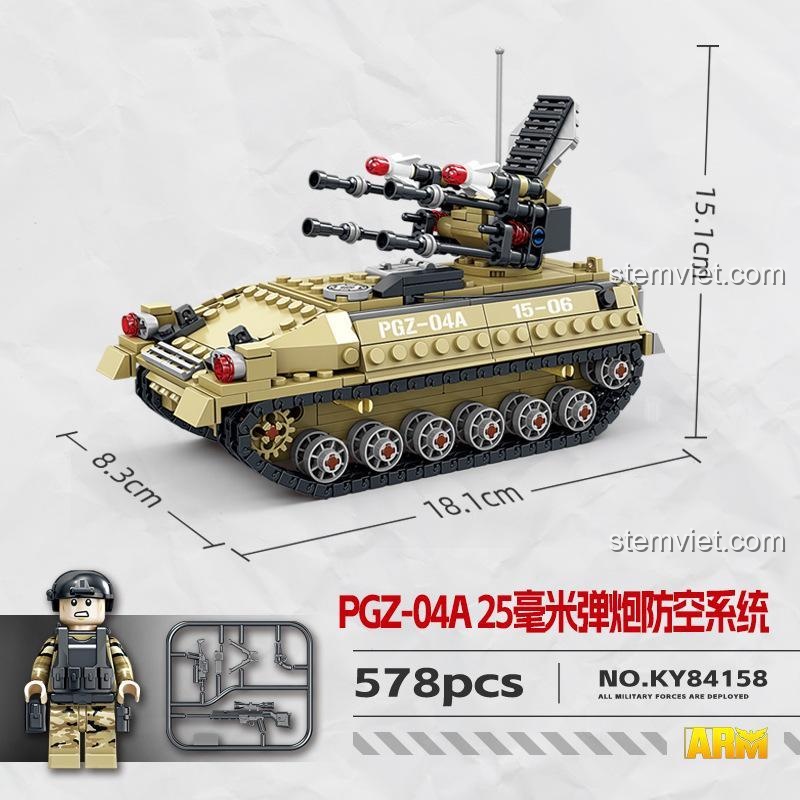 Kích thước chi tiết của bộ xếp hình Pháo phòng không tự hành PGZ-04A KAZI KY84158, thể hiện rõ chiều dài 18.1cm, rộng 8.3cm, cao 15.1cm, giúp người mua dễ hình dung.