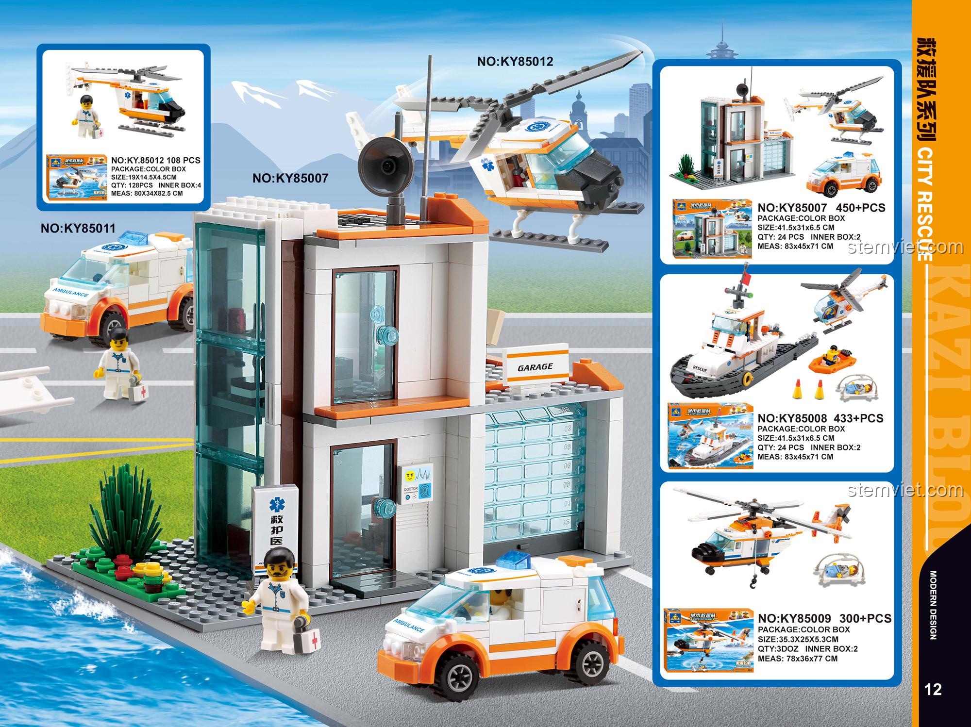 Đồ chơi mô hình Trụ sở đội cứu hộ KAZI 85007, bao gồm trực thăng và xe cấp cứu, món quà ý nghĩa cho bé trai.