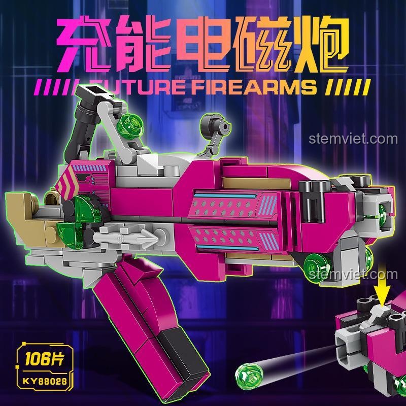 Kích thước mô hình Súng điện từ KAZI KY88028, dài 13.2cm, rộng 4cm, cao 9.5cm, đồ chơi lắp ráp cho bé trai.