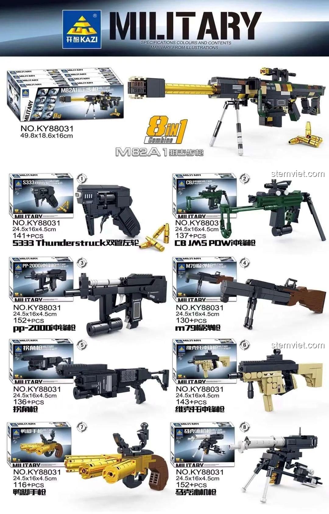 Bộ lắp ghép KAZI KY88031 Súng bắn tỉa M82A1 8 kiểu kết hợp, đồ chơi mô hình quân sự cho bé trai 6 tuổi, giá rẻ.