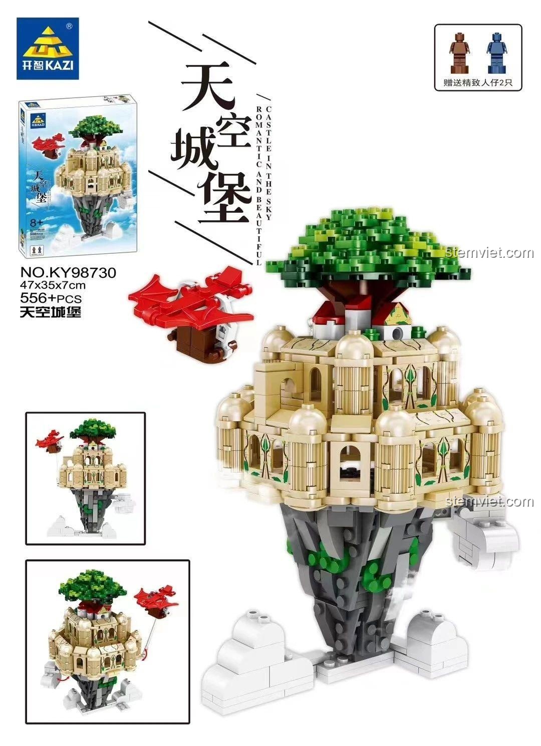 Ảnh quảng cáo bộ xếp hình KAZI KY98730 Lâu Đài Trên Không, kèm 2 minifigures và các góc nhìn khác nhau của mô hình.