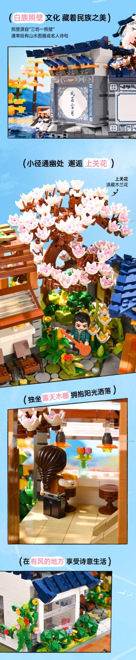 Các hoạt động vui chơi được tái hiện trong đồ chơi lắp ráp Phong cảnh Hồ Nhĩ Hải Keeppley, từ ngắm cảnh, uống cà phê đến tận hưởng cuộc sống.