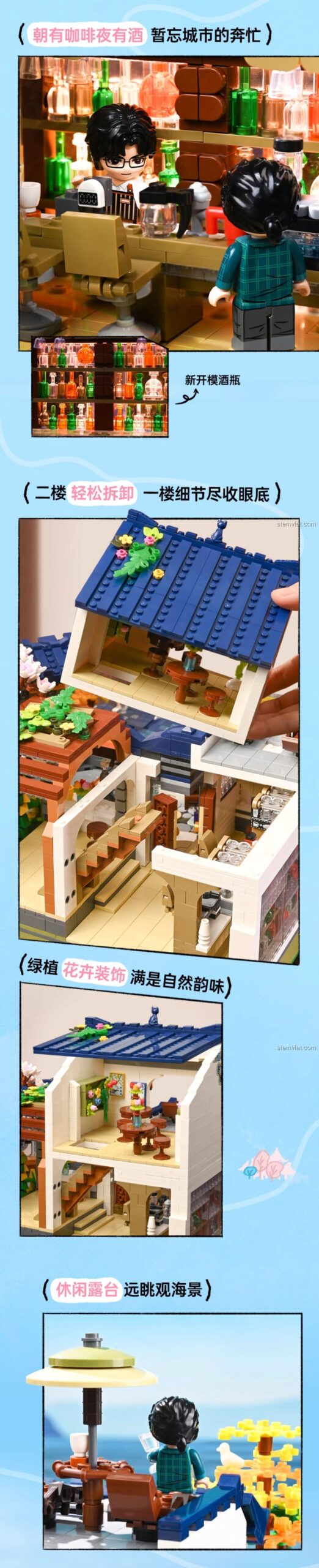 Các tính năng đặc biệt của bộ đồ chơi Keeppley K18005 như quầy bar, mái nhà có thể tháo rời và các chi tiết trang trí tự nhiên.