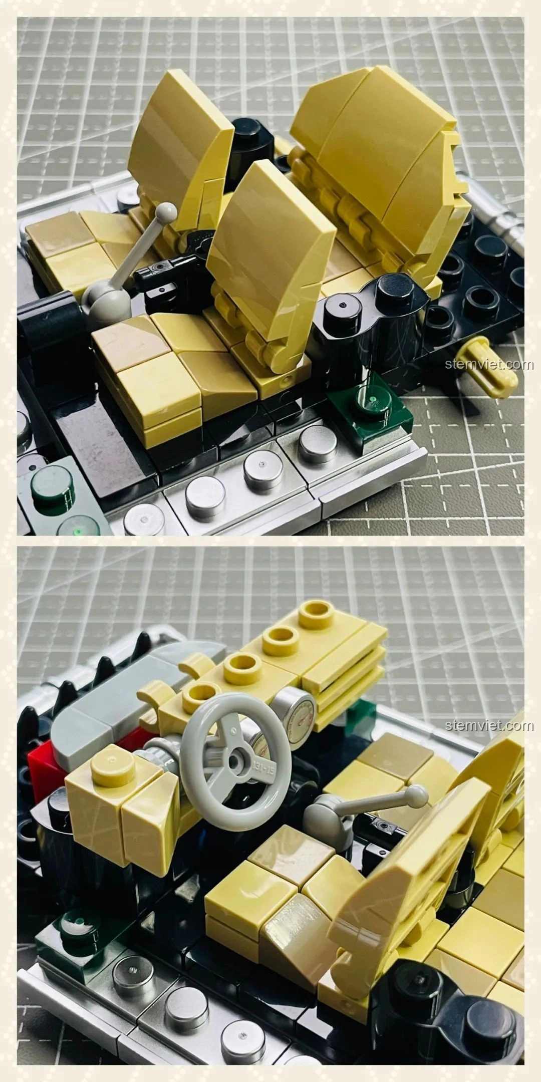 Cận cảnh vô lăng và các chi tiết điều khiển bên trong khoang lái của mô hình xe MINI Camper Power Block PB8804, thể hiện sự tỉ mỉ.