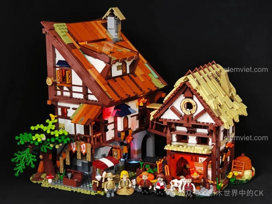 Khung cảnh ban đêm của bộ FunWhole F9015 Khu Chợ Thời Trung Cổ khi bật đèn, tạo nên một tác phẩm nghệ thuật ánh sáng.