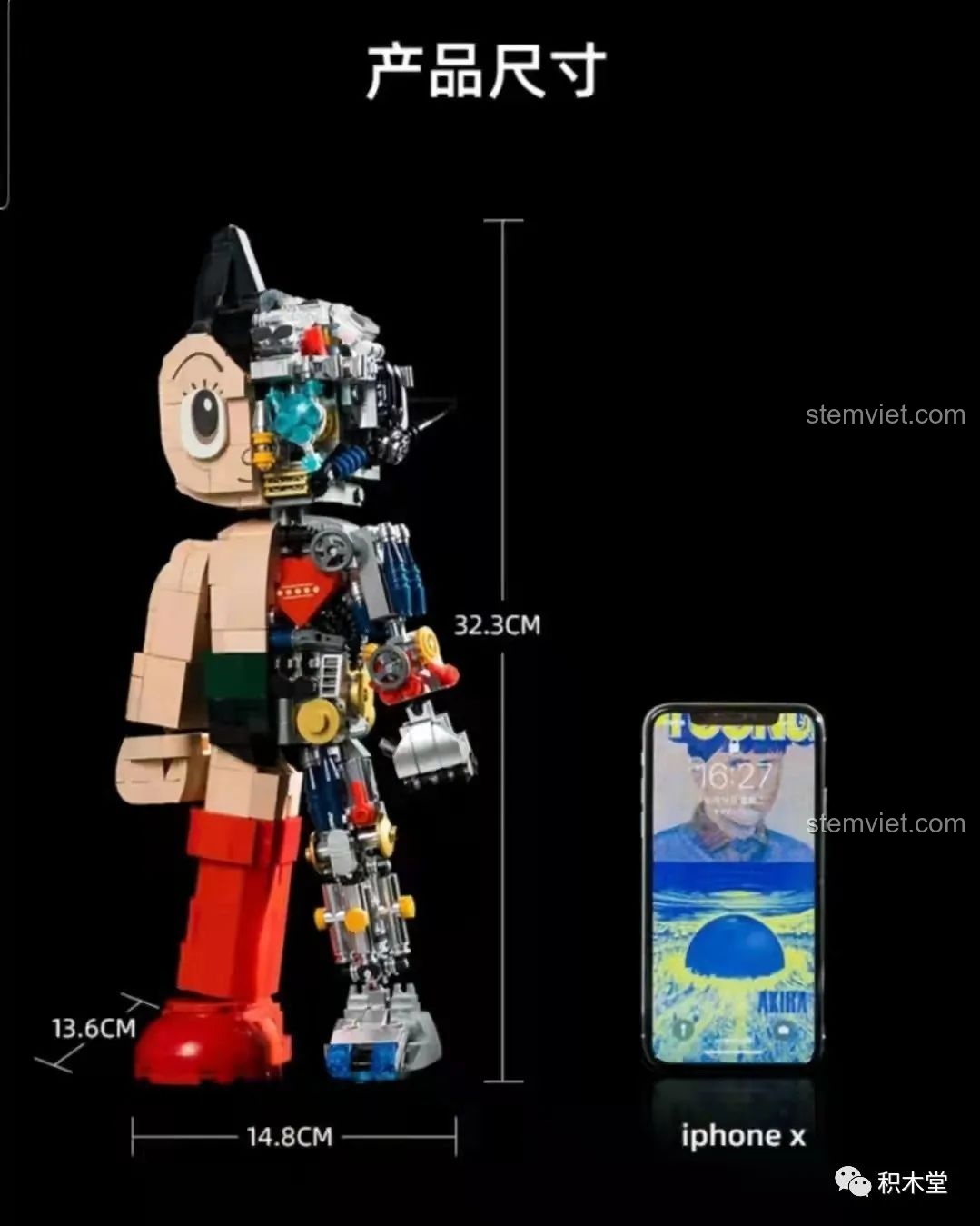 Kích thước mô hình lắp ráp Astro Boy Pantasy 86203 so với điện thoại iPhone X.