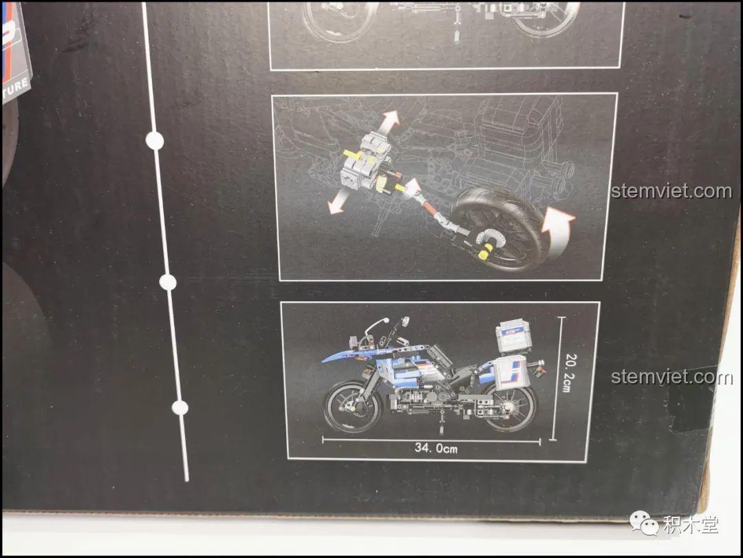 Chi tiết kích thước mô hình Leier 50008 Mô tô BMW R1200GS Rallye (34.0cm x 20.2cm) và tính năng trục quay trên hộp.