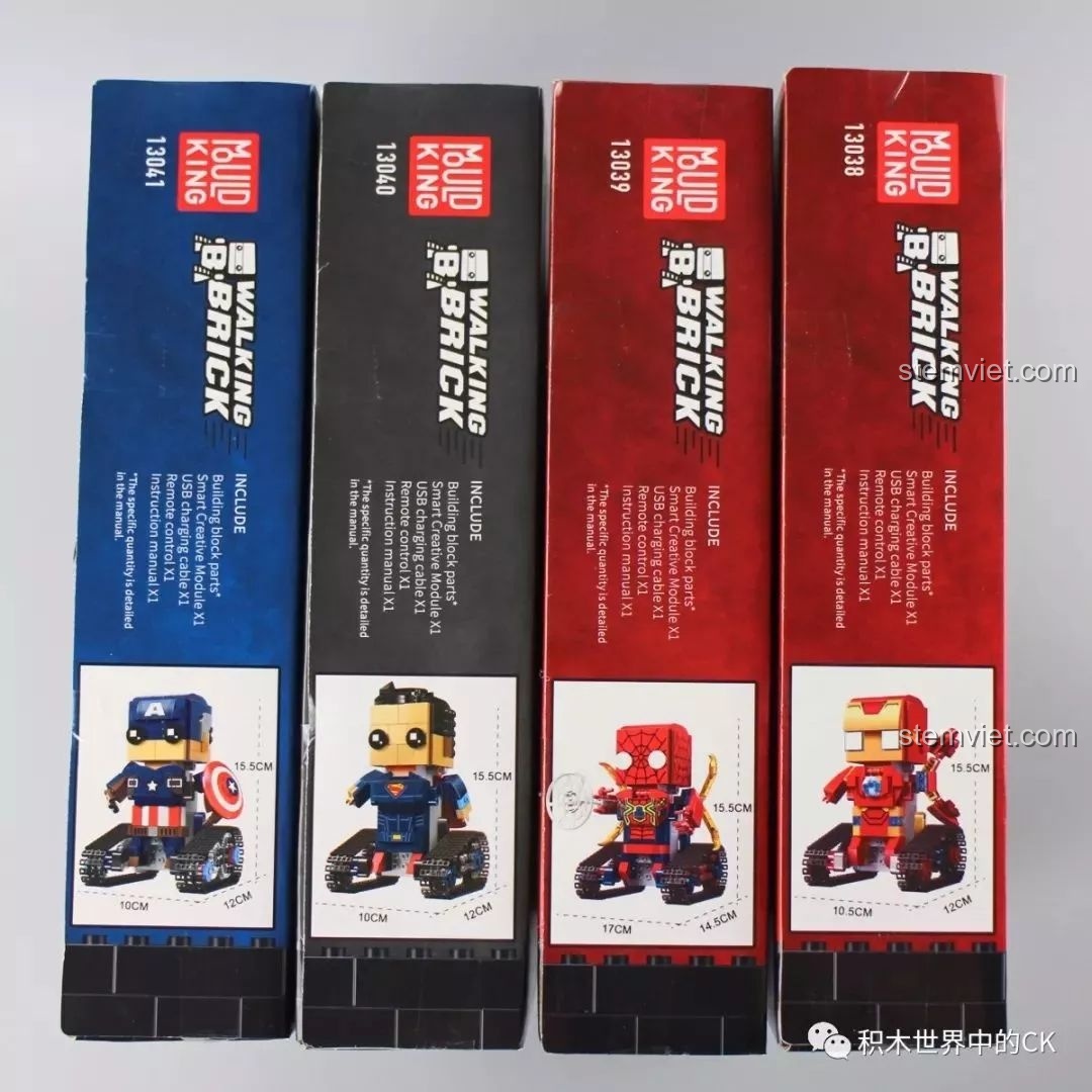 Cạnh bên của các hộp đồ chơi robot bánh xích, hiển thị kích thước hoàn thiện của từng mô hình siêu anh hùng.