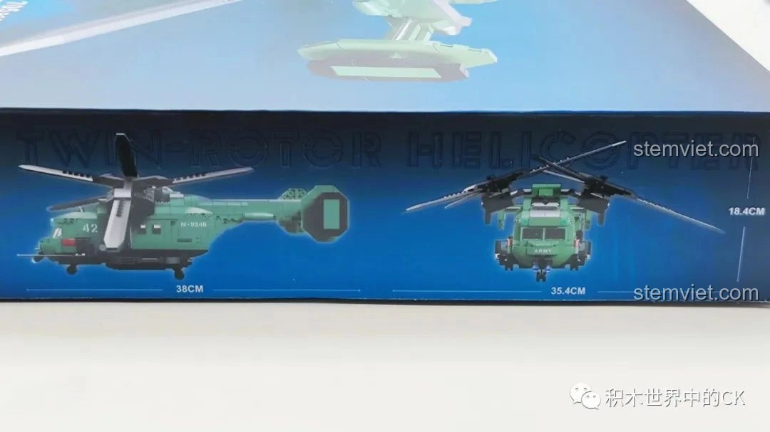 Cận cảnh thông số kích thước của mô hình trực thăng JIESTAR 58008 được in trên hộp, thể hiện chiều dài và chiều rộng.