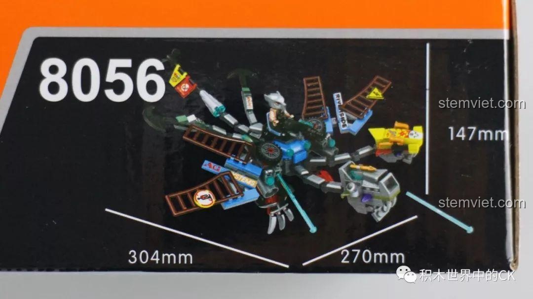 Thông số kích thước của mô hình Rồng Quỷ Cơ Khí Hai Đầu Winner 8056 được in trên cạnh hộp.