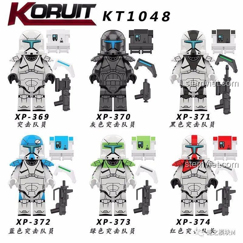 Ảnh quảng cáo chính thức của set Koruit KT1048 Minifigure Star Wars Republic Commando, gồm 6 lính với màu sắc và trang bị khác nhau.