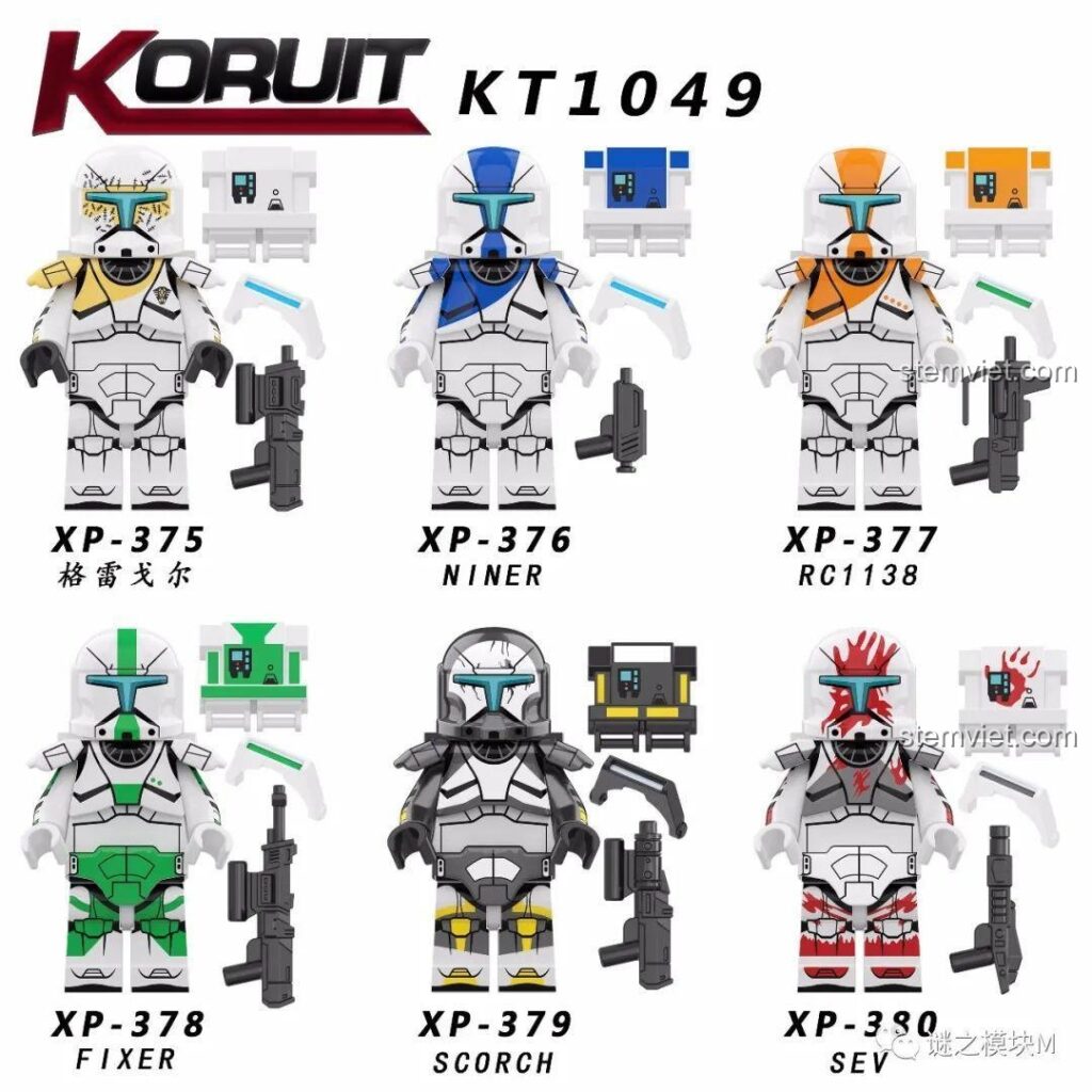Toàn cảnh bộ 6 minifigure Koruit KT1049 Biệt Đội Republic Commando Star Wars với đầy đủ vũ khí và phụ kiện đi kèm.
