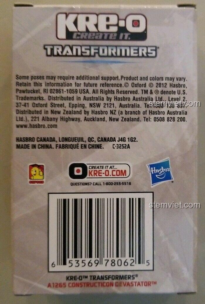 Mặt sau hộp đồ chơi mô hình Kre-O A1265 Constructicon Devastator, thông tin sản phẩm xuất xứ Trung Quốc, tương thích LEGO®.