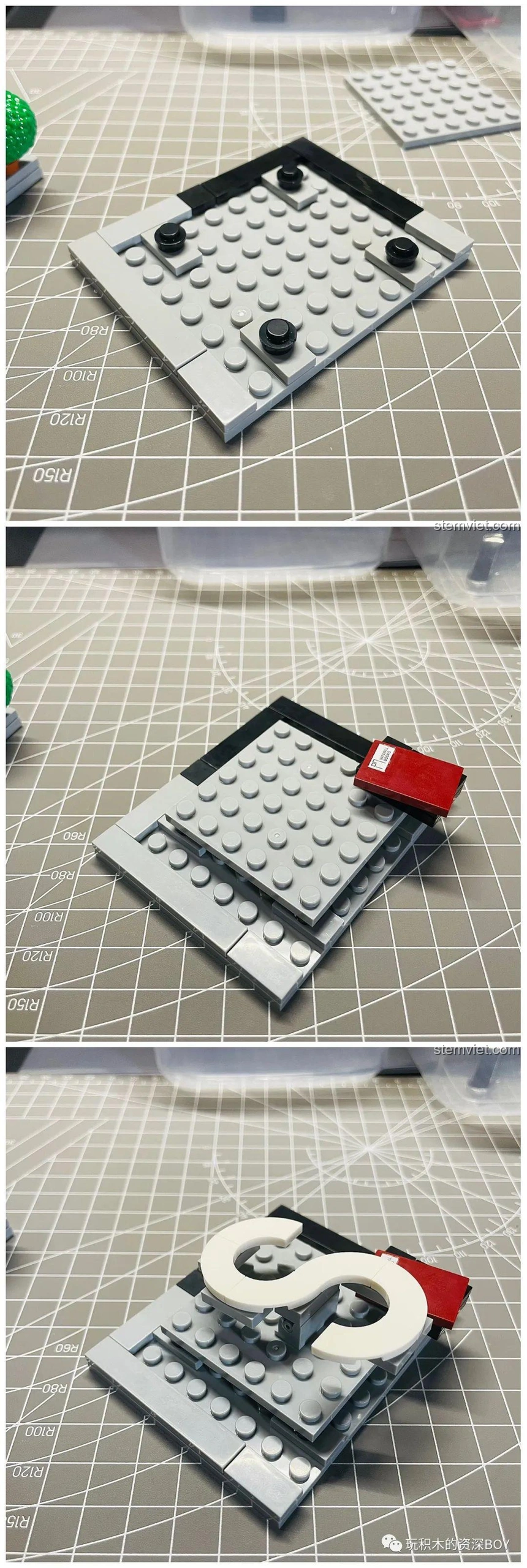 Quá trình lắp đặt phần mái và hệ thống đèn LED cho mô hình hiệu sách Winwill Books SEMBO 601151, tạo hiệu ứng ánh sáng.