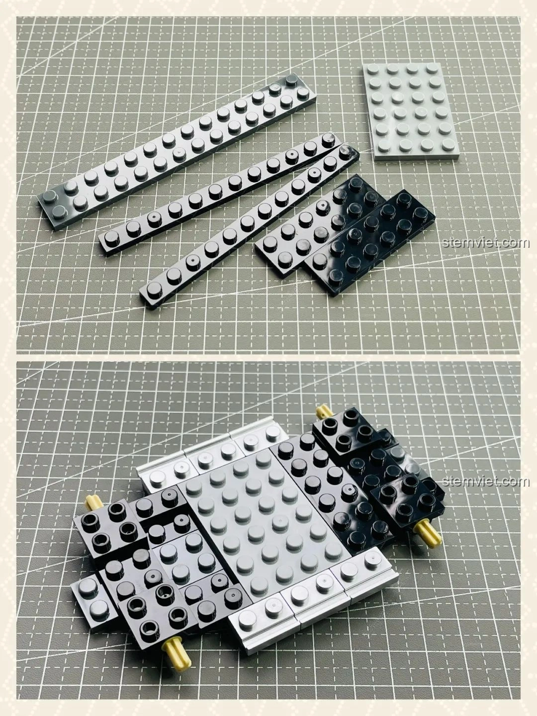 Quá trình lắp ráp phần khung gầm của mô hình xe MINI Camper Power Block PB8804, thể hiện các bước đầu tiên của việc xây dựng.