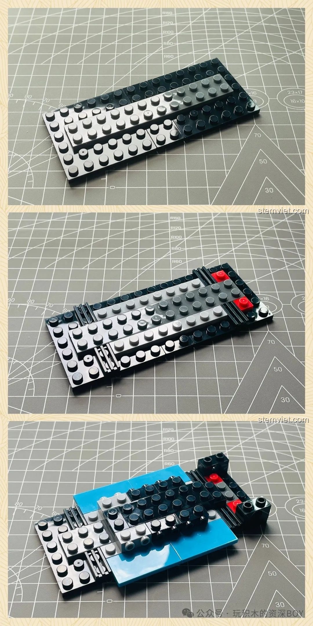 Quá trình lắp ráp khung gầm chắc chắn của mô hình Pinbo PB8805 Xe Volkswagen Beetle Cắm Trại, từng bước một.