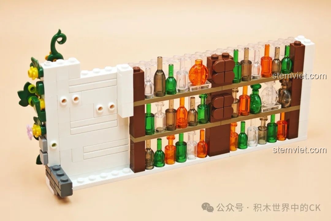Lắp ráp quầy bar với các chai lọ trang trí cho quán cà phê trong bộ Keeppley K18005.