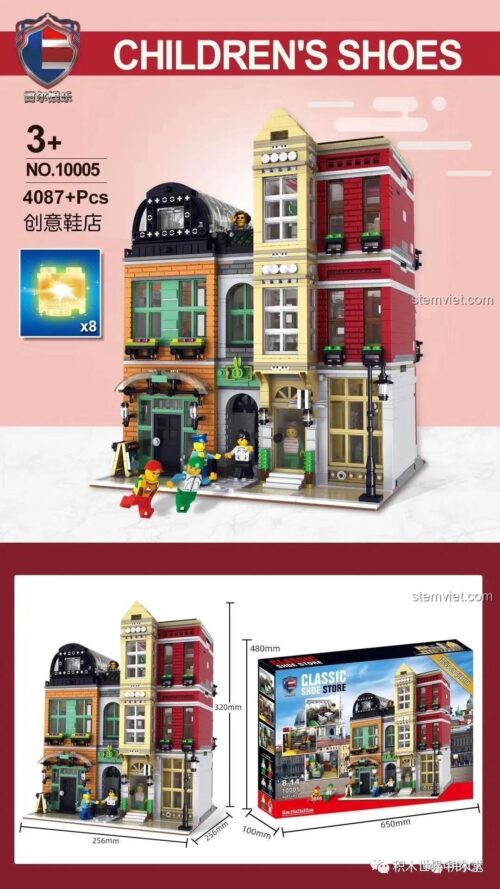 Hộp và kích thước của bộ xếp hình Leier 10005 Cửa hàng Giày Trẻ Em, món quà giá tốt cho bé.