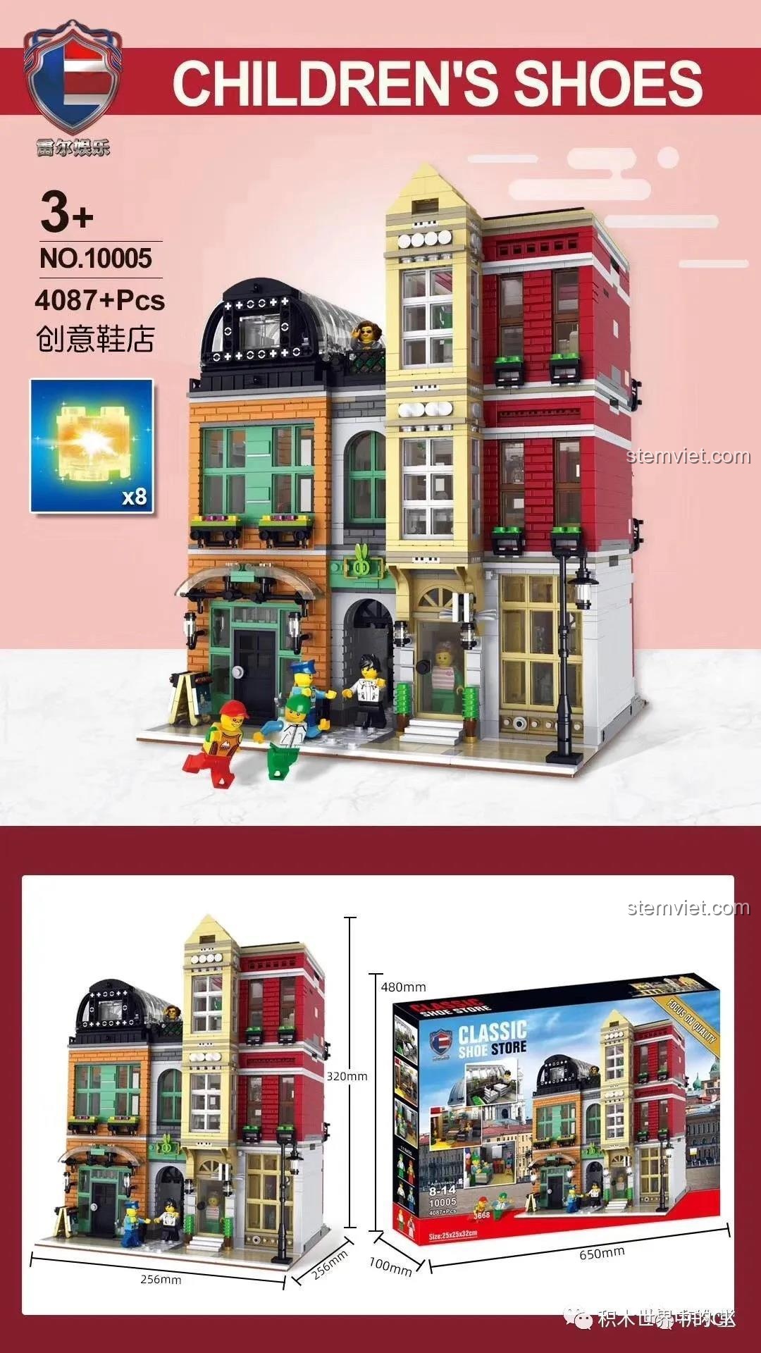 Hộp và kích thước của bộ xếp hình Leier 10005 Cửa hàng Giày Trẻ Em, món quà giá tốt cho bé.