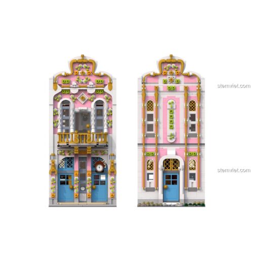 Hình ảnh so sánh mặt trước và mặt sau của đồ chơi mô hình Cửa Hàng Đồng Hồ Cổ Leier 10010, thể hiện các chi tiết kiến trúc độc đáo.