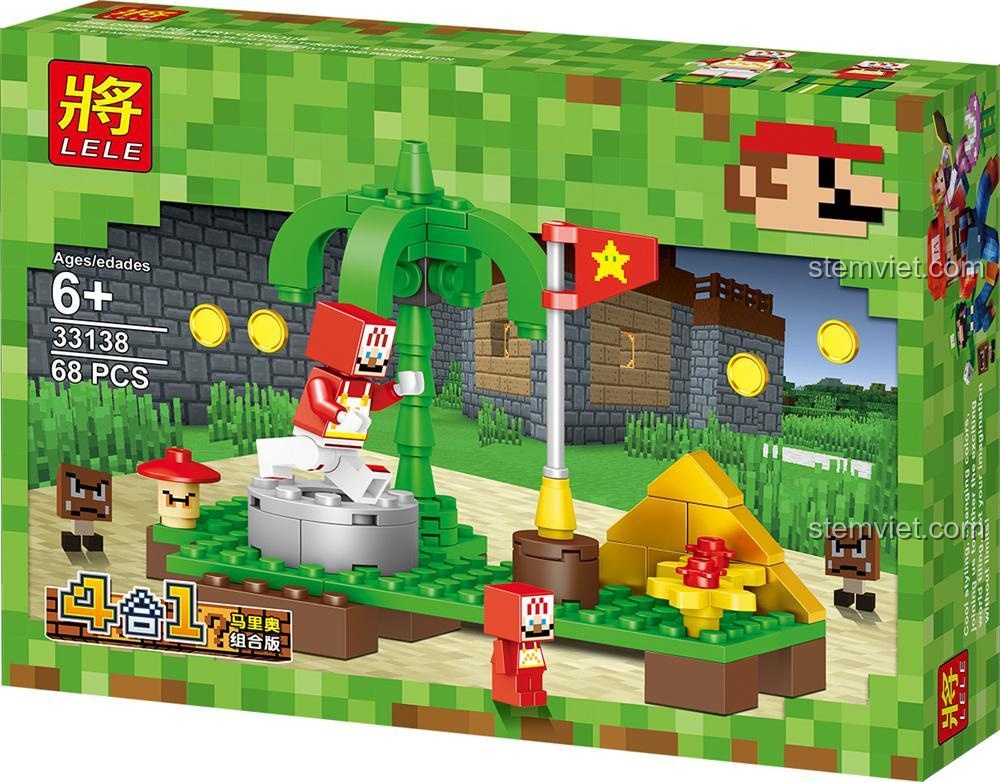 Hộp sản phẩm đồ chơi mô hình Super Mario LELE 33138-4, gồm 68 chi tiết, quà tặng cho bé trai 6 tuổi.