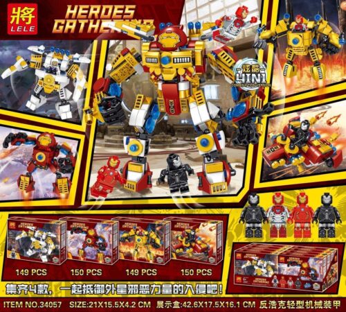 Bộ lắp ghép Giáp Chống Hulk LELE 34057-4, đồ chơi lắp ráp Người Sắt cho bé trai 6 tuổi, giá tốt, lắp được 5 kiểu, có 4 minifigures.