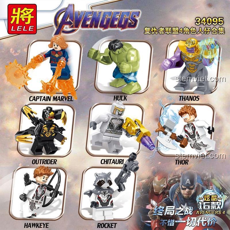 Chi tiết các minifigures LELE 34095 Avengers 4 Hồi Kết bao gồm Captain Marvel, Hulk, Thanos, Outrider, Chitauri, Thor, Hawkeye, Rocket với phụ kiện đi kèm