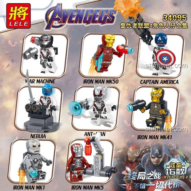 Các minifigures LELE 34095 Avengers 4 Hồi Kết chi tiết War Machine, Iron Man MK50, Captain America, Nebula, Ant-Man, Iron Man MK41, Iron Man MK1, Iron Man MK5
