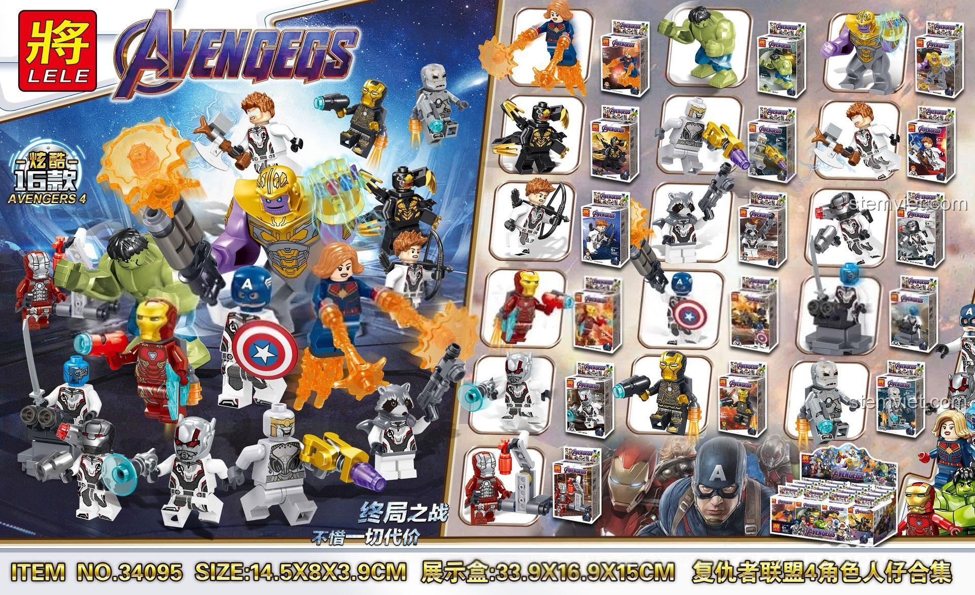 Hộp bộ đồ chơi LELE 34095 Minifigures Avengers 4 Hồi Kết 16 nhân vật với kích thước hộp trưng bày lớn, phù hợp cho trẻ em 6 tuổi