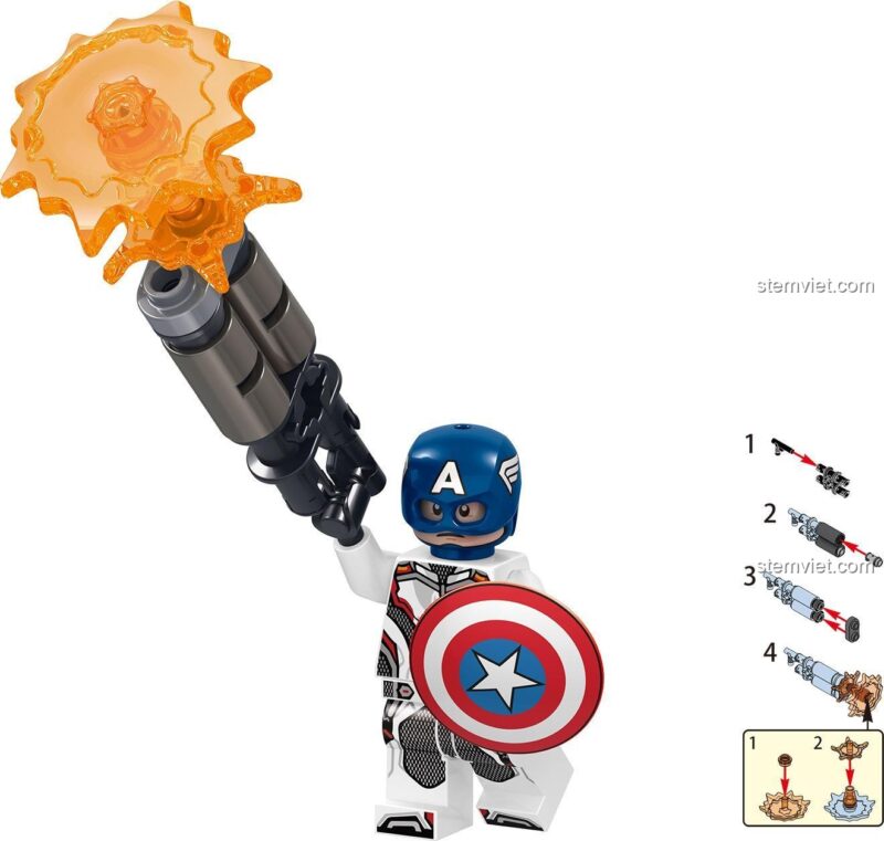 Hướng dẫn lắp ráp minifigure Captain America trong bộ lắp ráp LELE 34095 Avengers 4 Hồi Kết, với khiên và vũ khí